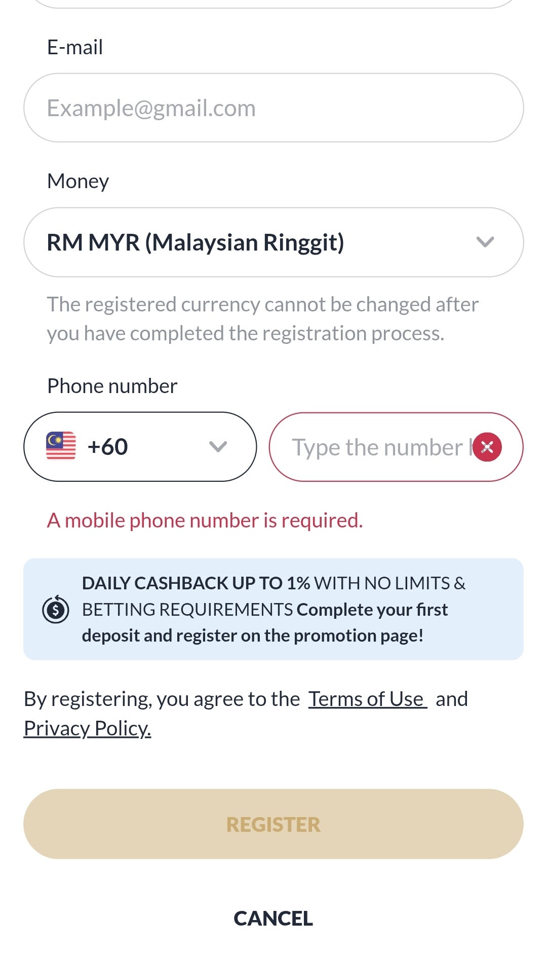 M88 register button