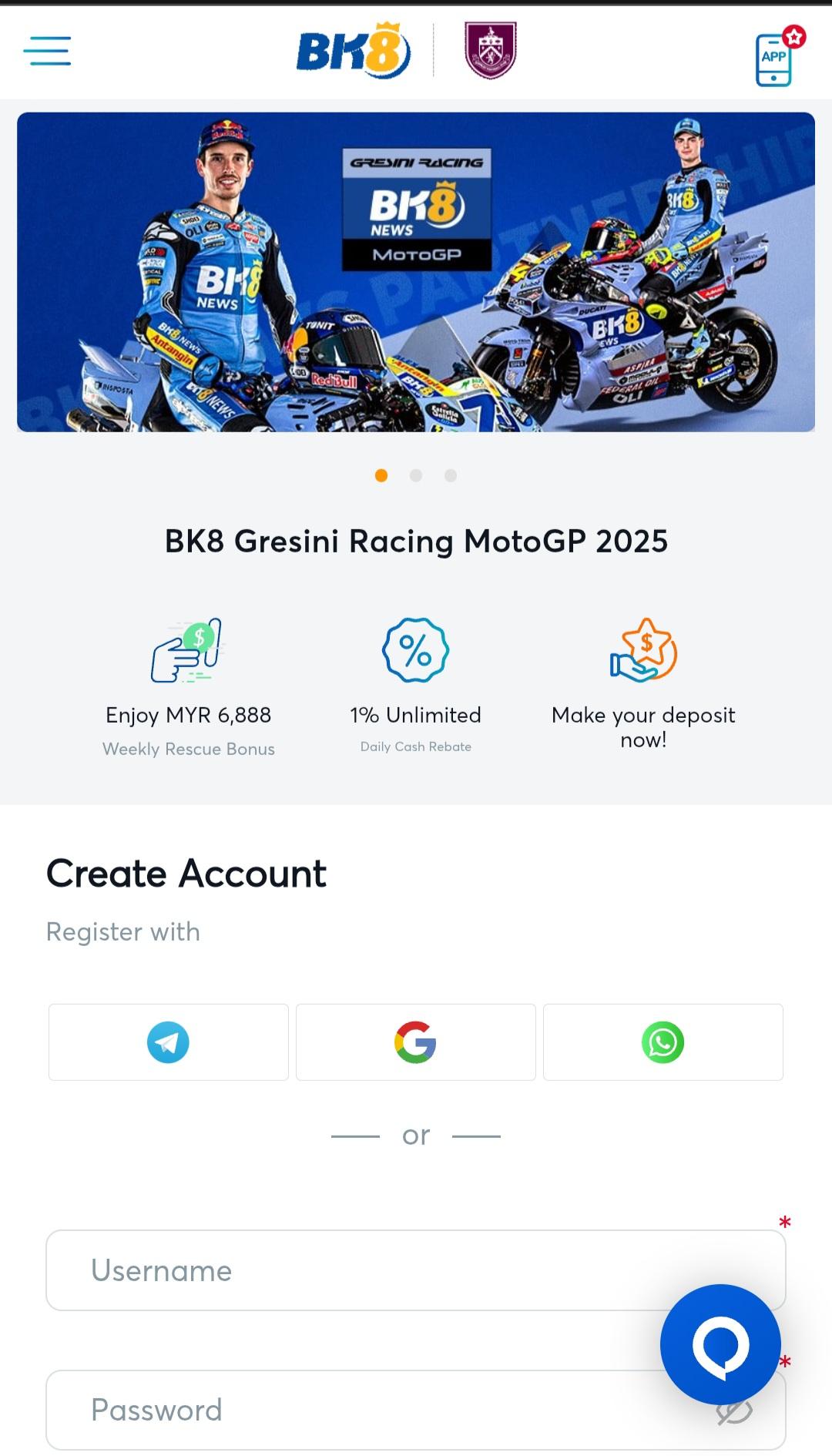 BK8 create username and password