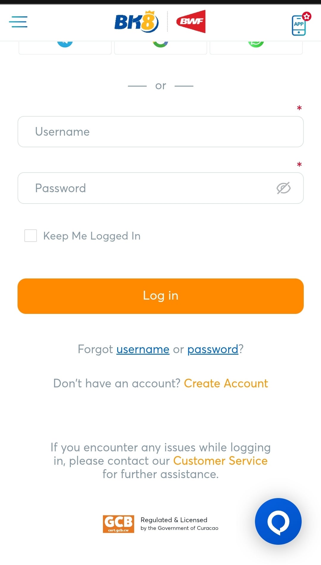 BK8 forgot username or password.